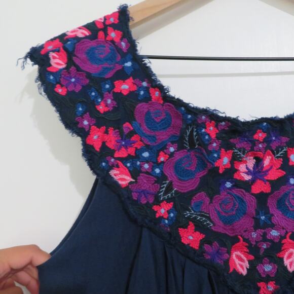Free People Womens Sz XS Navy Blue Pink In The Flowers Embroidered Swing Dress - Picture 4 of 8